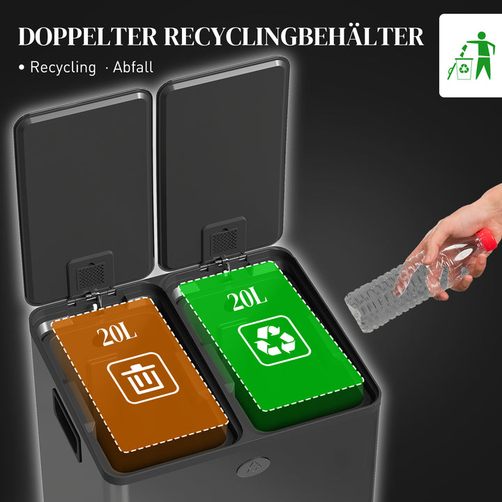 2 x 20 L dobbelte affaldsbeholdere, pedalåbning, nem at rengøre, rustfrit stål, plastik, sort