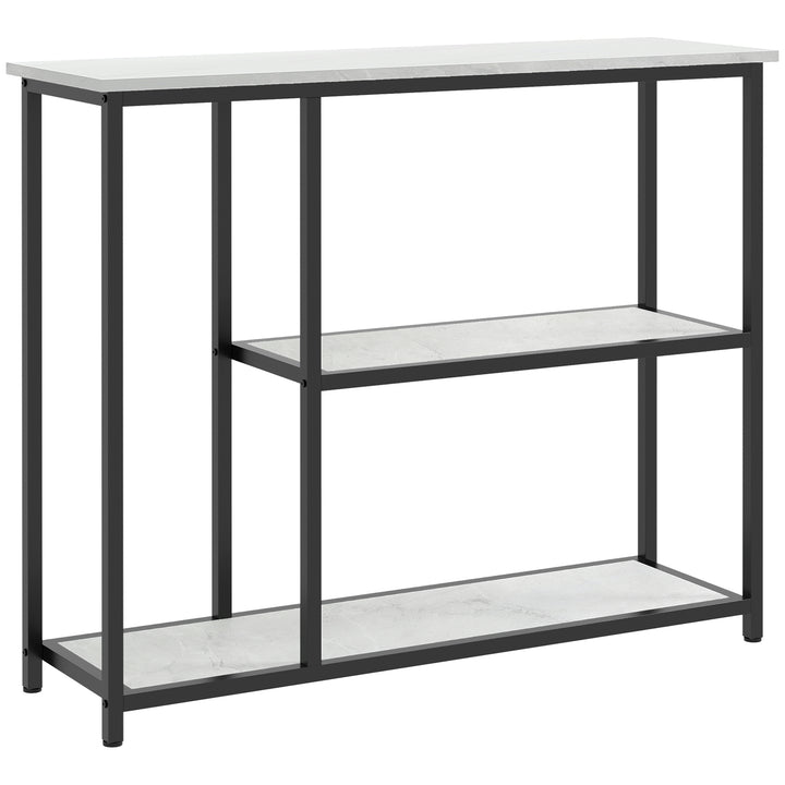 Konsolbord i industrielt design, 2 hylder, marmorlook, sort + hvid