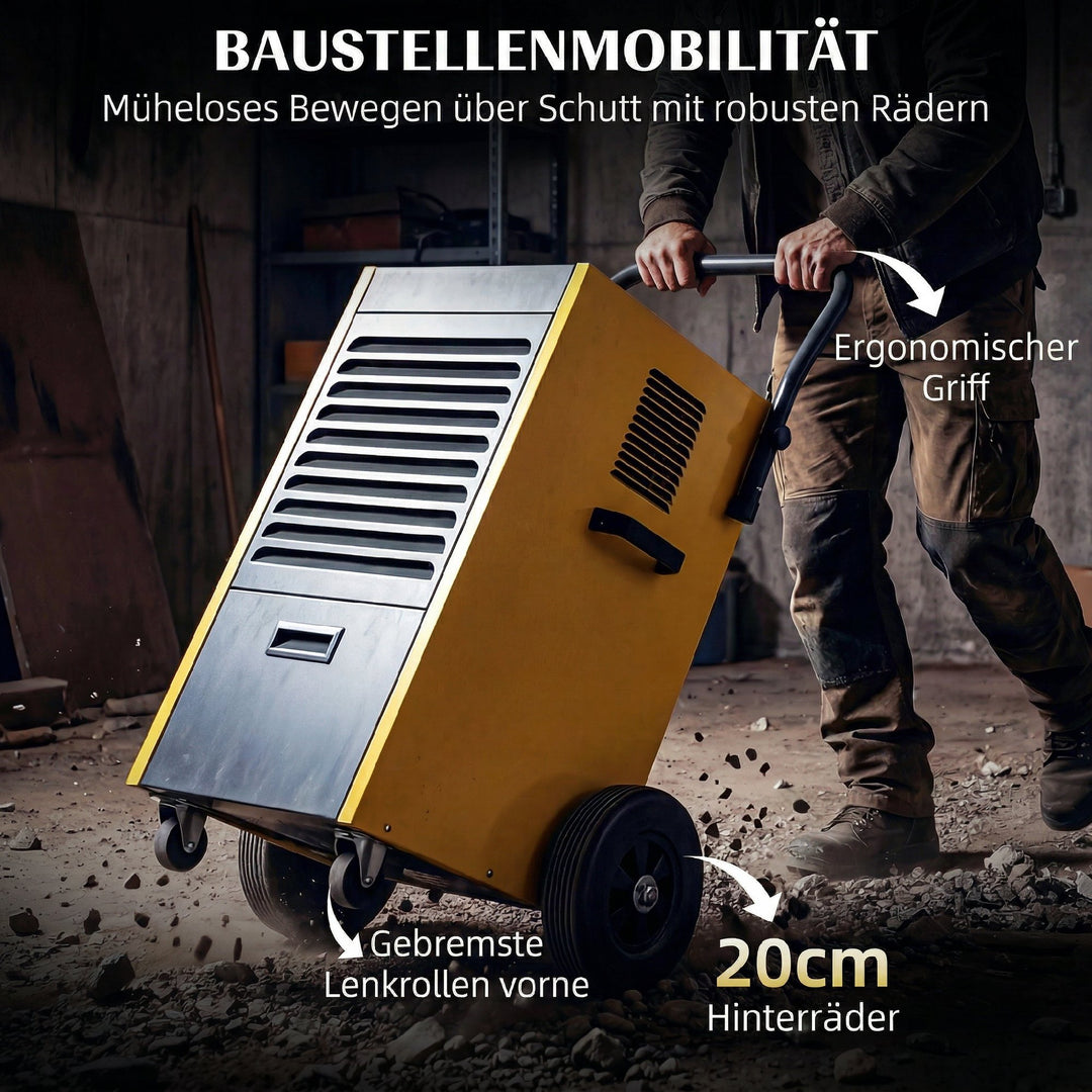 Kommerciel affugter 70L/dag med hjul og håndtag, kontinuerlig afløbsslange, 24-timers timer, 5,5L tank, gul