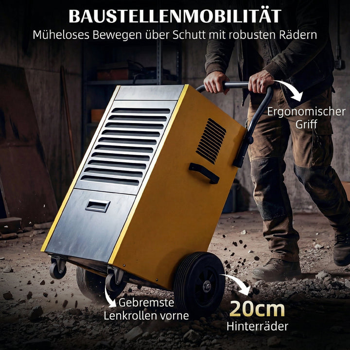 Kommerciel affugter 70L/dag med hjul og håndtag, kontinuerlig afløbsslange, 24-timers timer, 5,5L tank, gul