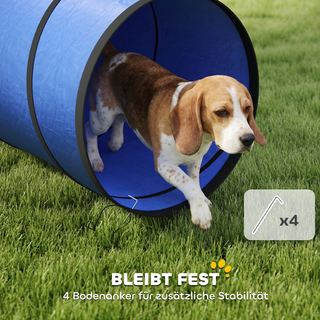 Agilitytunnel til hunde 300 x 50 cm. Hundetunnel med 4 jordankre. Bæretaske. Legetunnel til små og mellemstore hunde. Blå.