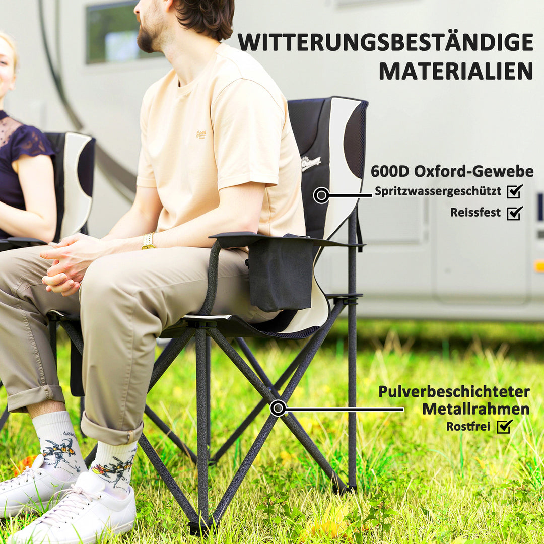 Sæt med 2 foldbare campingstole med armlæn, kopholder, nakkestøtte og køletaske, sort