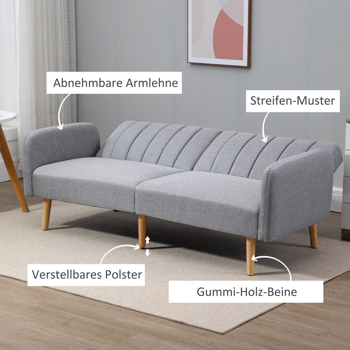 Sovesofa, 2-personers stofsofa, sofa med sovefunktion, hørlignende polyester, gummitræ, 173 x 75 x 73 cm, grå