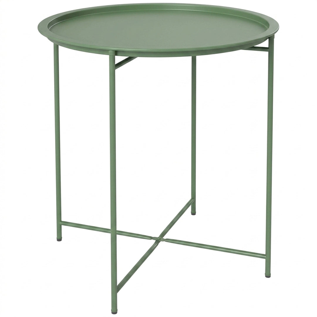 Havebord, rundt udendørs sidebord i stål med aftagelig bakke, foldbart design, terrassebord, grønt