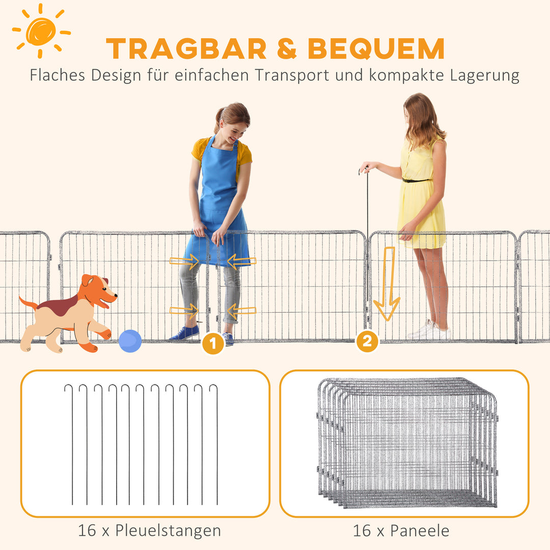 Hvalpegård udendørs indhegning 16 segmenter 60 cm høj kravlegård til kæledyr hvalpegitterhegn kravlegård kravlegård hundeindhegning udendørs gitter hvalp tilpasselig med 2 døre stålgrå