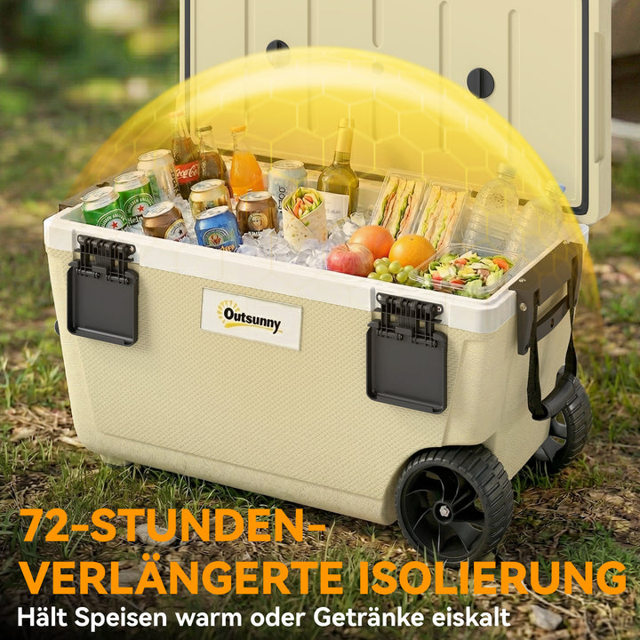 70L køleboks, stor passiv termoboks, holder køligt i op til 72 timer, med PU-skumisolering, hjul, afløbsventil og håndtag