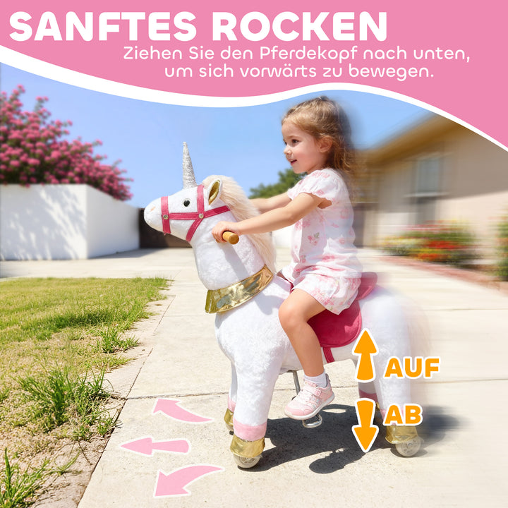 Ridehest til børn, enhjørningsdesign, stofbetræk, robust stel, glatte hjul, gyngehest, 3-5 år, hvid