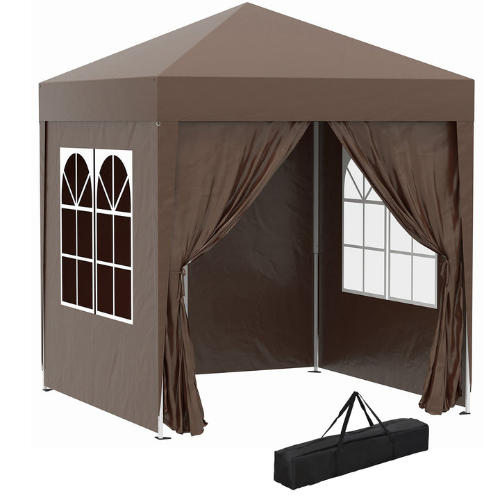 Pop-up-pavillon, øltelt, 4 aftagelige sidevægge, 2 vinduer, metalramme, 2 x 2m, brun