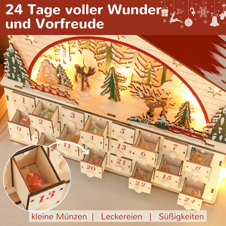 Adventskalender til udfyldning, 24 skuffer og rum, julekalender med LED-lys, naturtræ, 36 x 10 x 34 cm