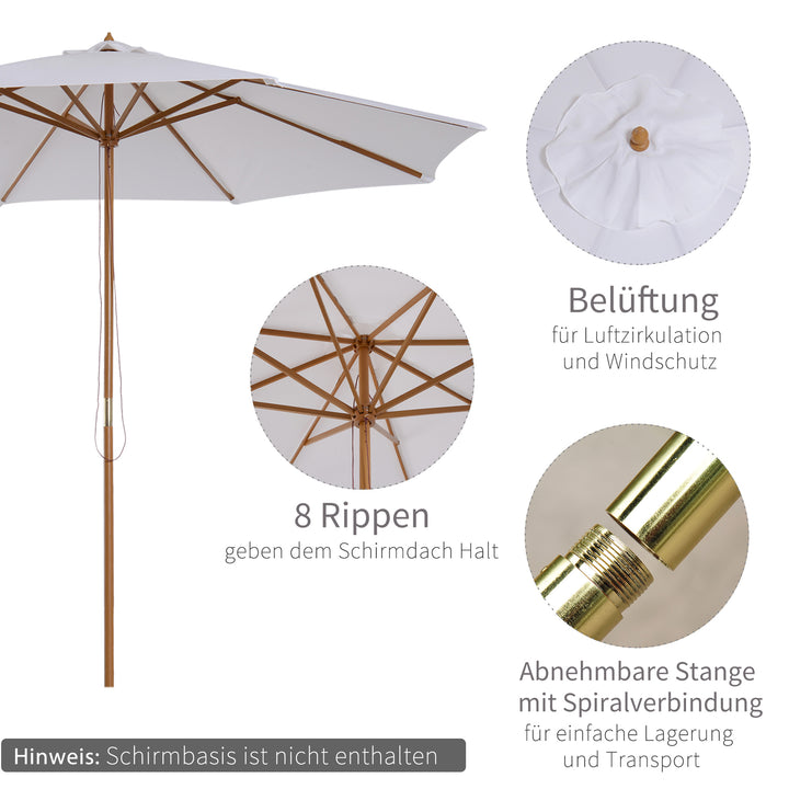 Parasol Ø 300 cm, parasol med UV-beskyttelse, træparasol til balkon, stabil strandparasol, markedsparasol, solbeskyttelse til strand, terrasse, have, hvid