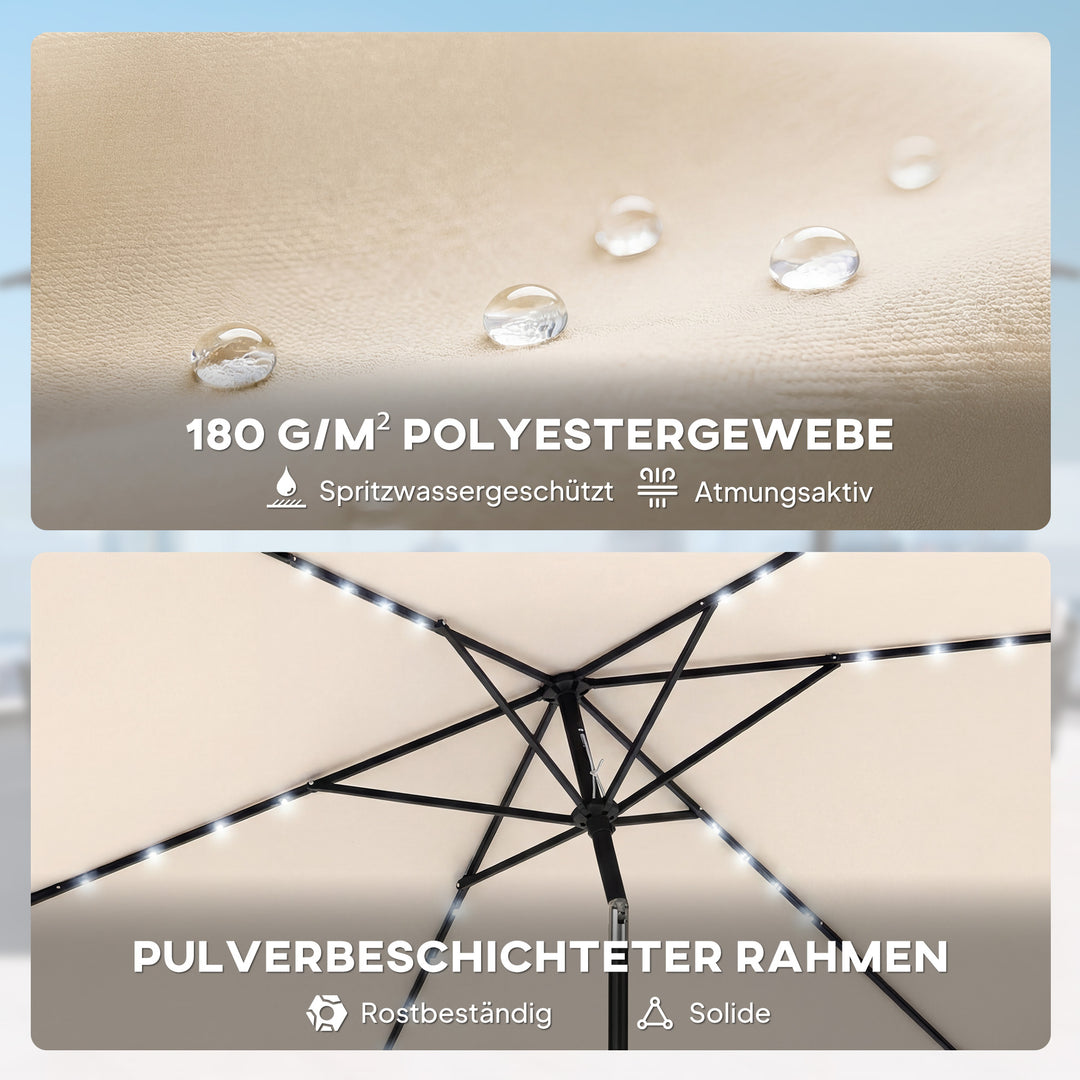 LED solcelleparasol, ca. 300 x 200 cm, vipbar balkonparasol med håndsving, beskyttelsesovertræk, UV-beskyttelse, drejelig, cremehvid