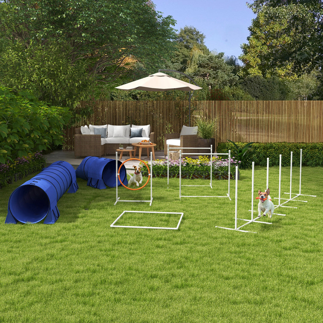 Agility sæt til hunde, 1 dæk, 2 tunneler, 2 hækkeløb, 321 cm x 63 cm x 93 cm, blå + rød + hvid