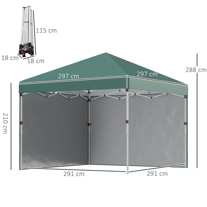 Foldbar pavillon, 2 sidepaneler, højdejusterbar, med bæretaske, stel i rustfrit stål, 3 x 3 m, grøn