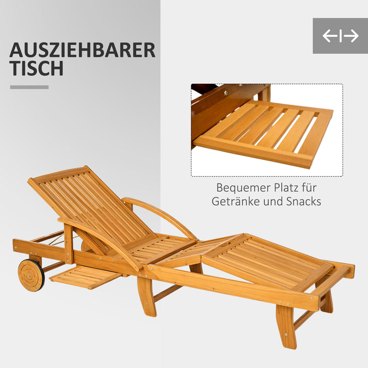 Solseng i træ, foldbar haveliggestol med sidebord, rulle, 4-vejs justerbar ryglæn i teak