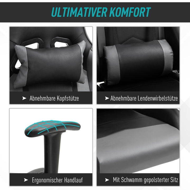 Ergonomisk kontorstol, gamingstol, drejestol, kunstlæder, skum, sort, 67,5 x 74 x 126-136 cm