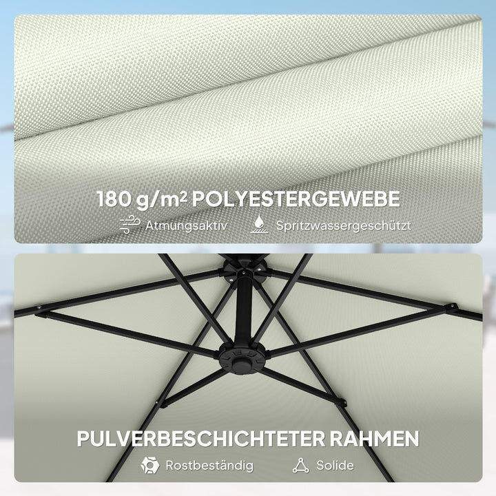 Fritstående parasol ca. Ø300 cm, solskærm med låsemekanisme, håndsving, stativ, vægte, cremehvid