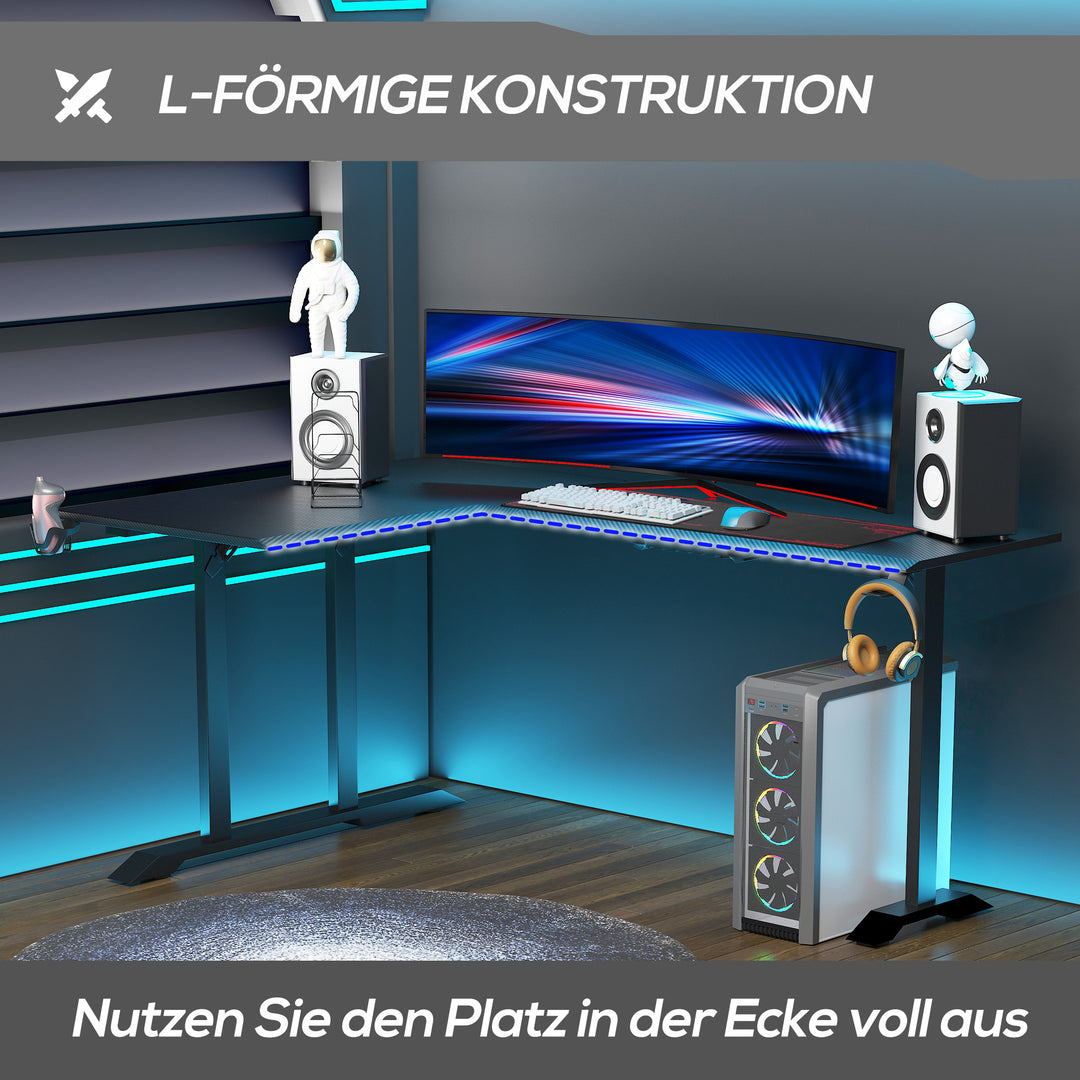 Gamingbord l-formet med hovedtelefonkrog kopholder computerbord mdf metal sort+rød 168 x 109 x 78 cm