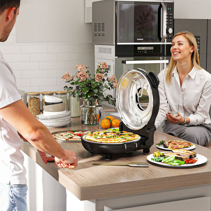 Elektrisk pizzaovn 430 °c, 1200 watt pizzabager med 30 cm stenplade, timer, vindue, rustfrit stål, sort