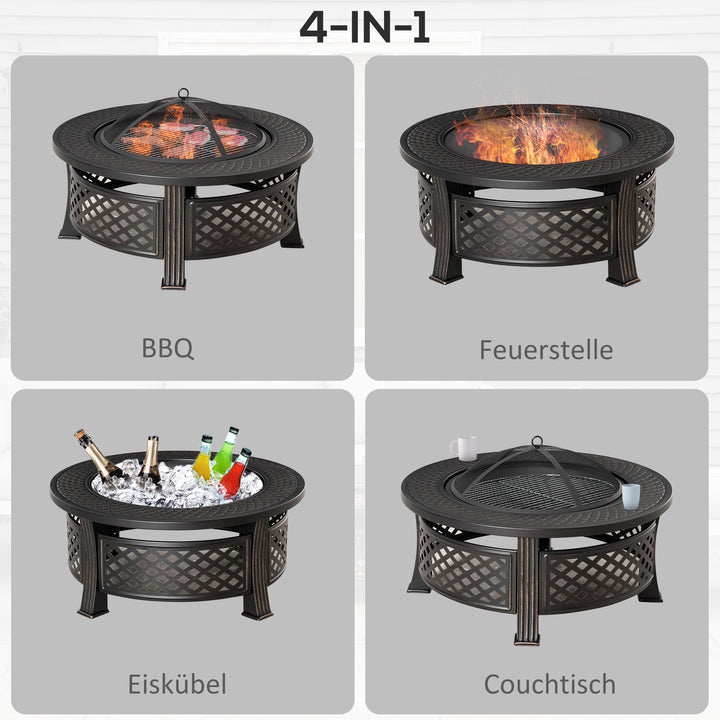 Bålfad med gnistbeskyttelse, bålkurv, bålbord, rundt bålsted til have, camping, grill, stål, sort, 81 x 81 x 50 cm