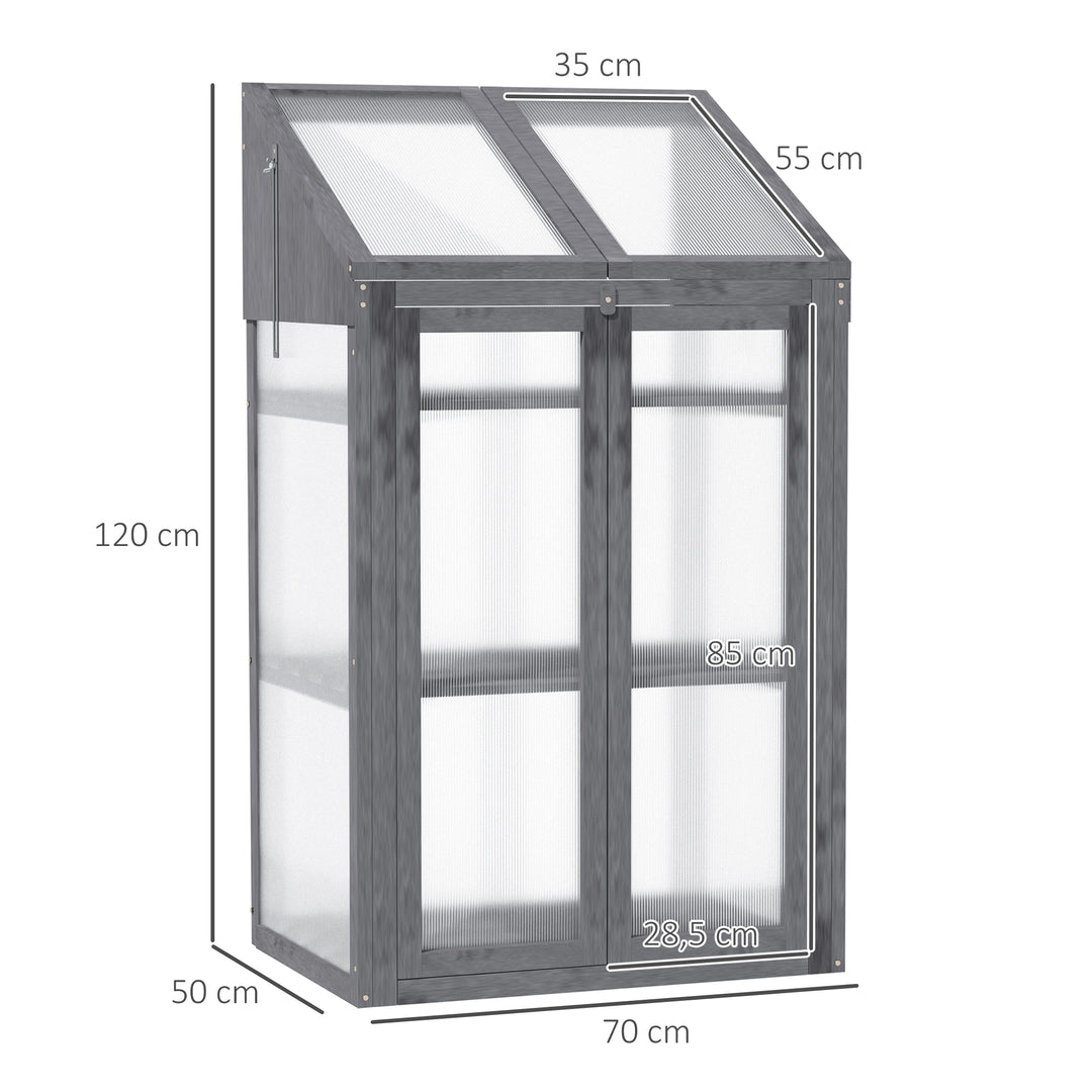 Mini drivhus, lille drivhus med træramme, vindue og dobbeltdør, 3 hylder, 70l x 50b x 120h cm, grå