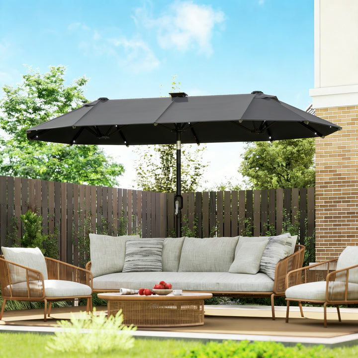 Dobbelt parasol, terrasseparasol, vipbar, med solpanel, 35 LED'er, stålramme, grå, 2,92 x 1,50 x 2,18 m