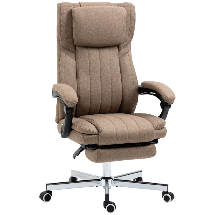 Kontorstol med massagefunktion, ryglæn med justerbar ryglæn, udtrækkelig fodstøtte, linnedlook, 65 x 61 x 118 cm, brun