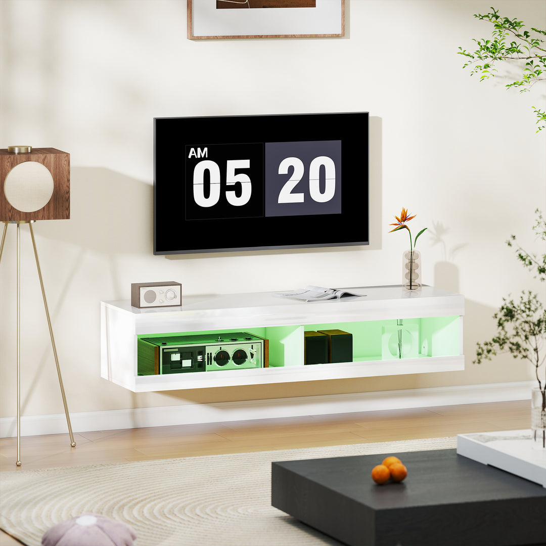 TV-skab, vægmonteret TV-lavbord med RGB LED-belysning i 16 farver, TV-bord med åben opbevaringsplads, til 55-60 tommer TV, til stue, soveværelse, 140 x 40 x 30 cm, hvid højglans