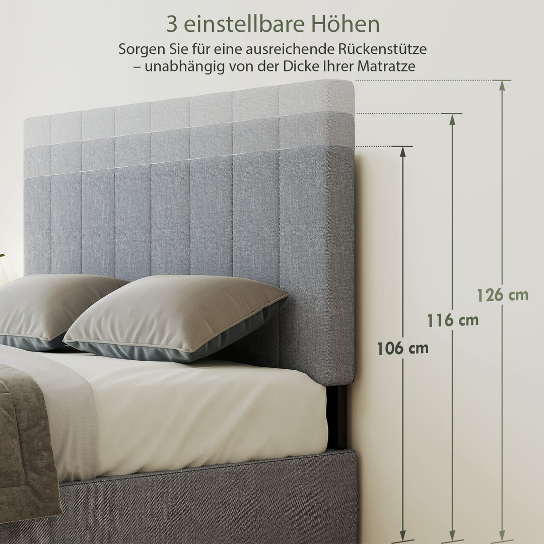 Sengegavl med 3 højdejusteringer, sengegavl med metalben, linnedlook til soveværelse, 160x10x106/116/126 cm, grå