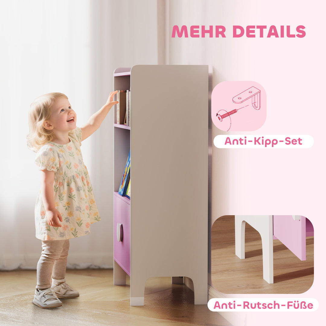 Børnebogreol, 2 hylder, 2 skabe, fritstående, anti-tip design, skridsikre ben, mdf, pink+hvid