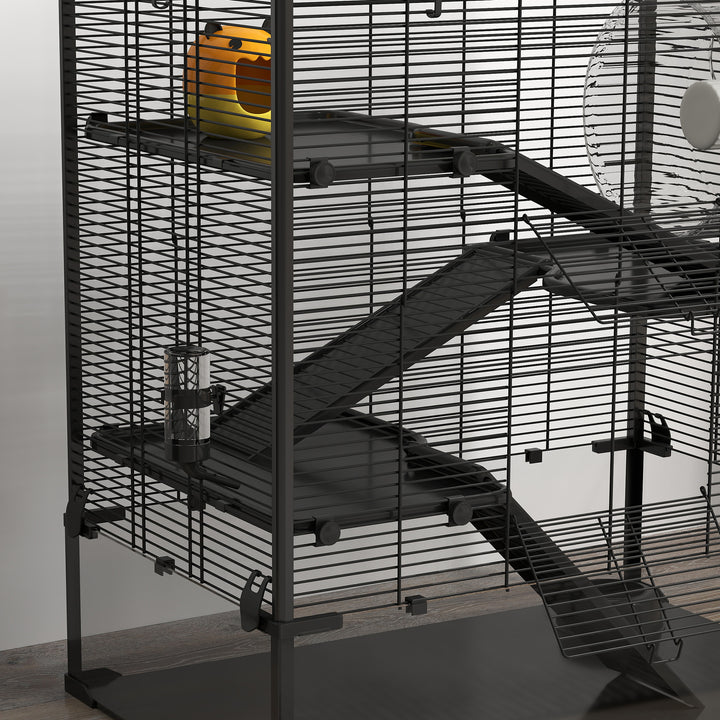 Hamsterbur med glasbund, 4-etagers hamsterbur med bur og tilbehør, 78,5l x 48,5b x 80h cm, sort