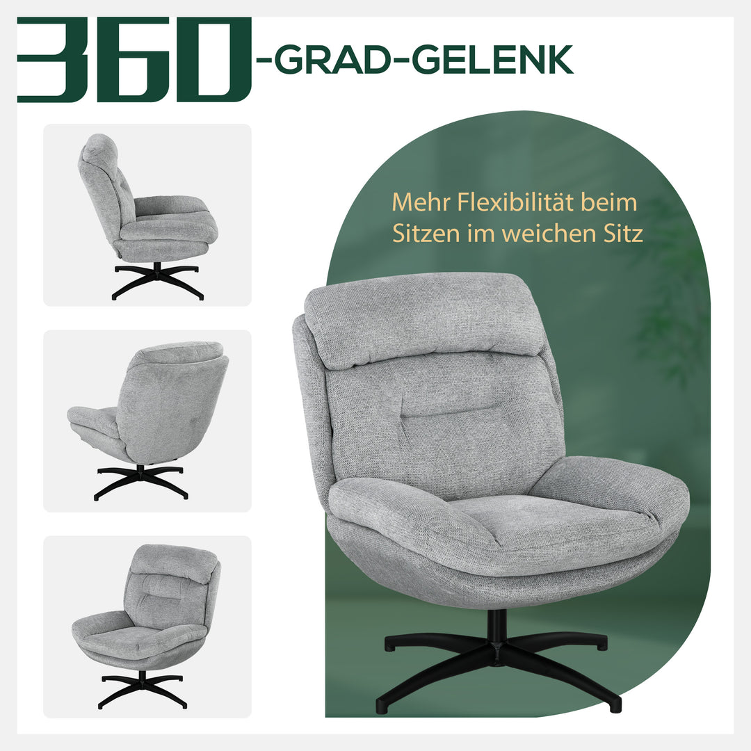 Drejestol, 360-graders rotation, chenille-stof, integrerede armlæn, stålben, grå, sort