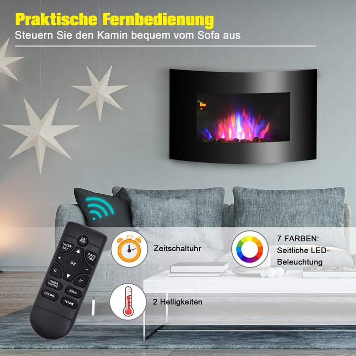Elektrisk pejs med varmelegeme, elektrisk pejs med 3d flammeeffekt, 7 flammefarver, 900/1800 w, vægmonteret pejs med timer, dekorativ pejs med fjernbetjening, sort, 65 cm