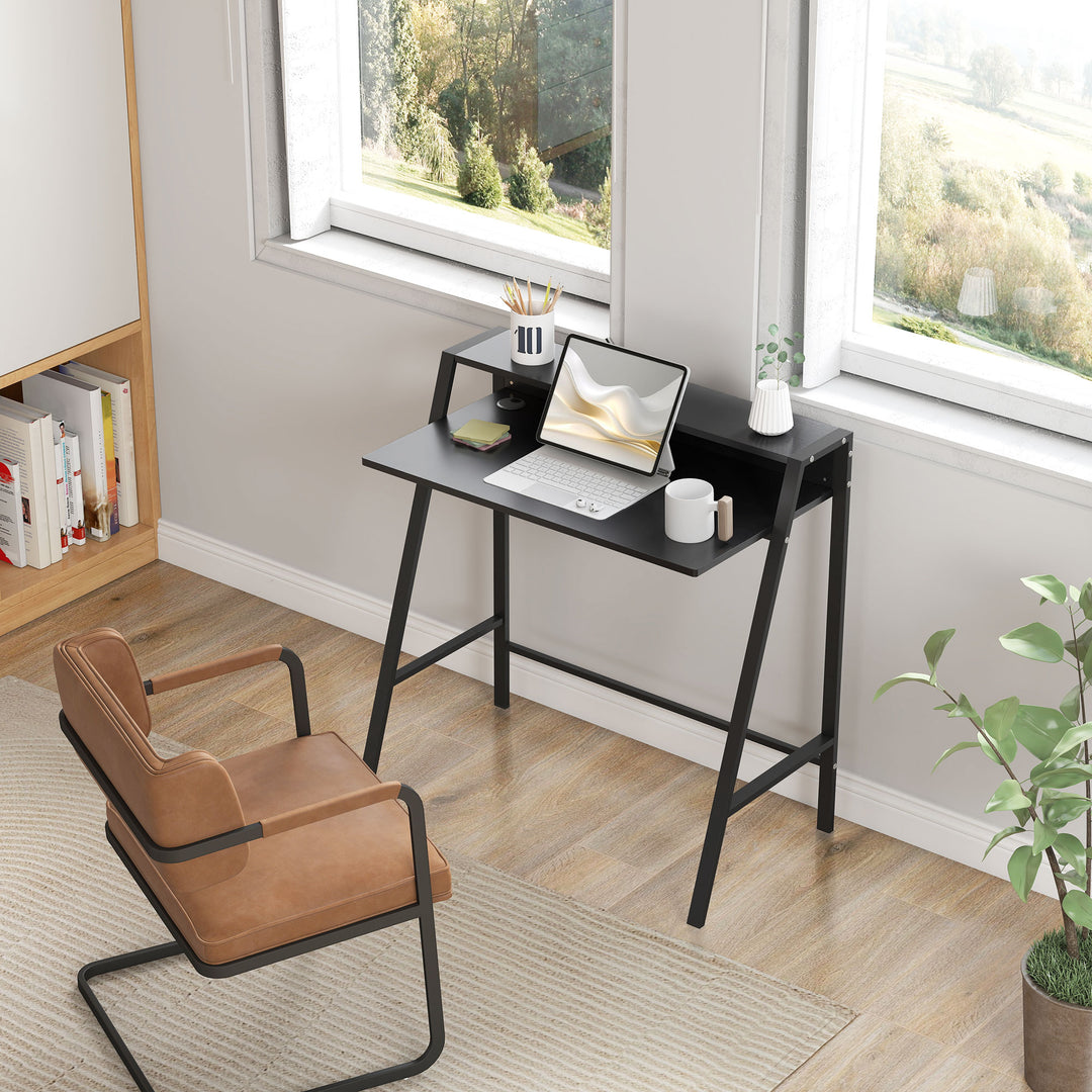 Skrivebord, computerbord med opbevaring og kabelhåndtering, moderne skrivebord med metalramme til studie, soveværelse, hjemmekontor, 84 x 45 x 85 cm, sort