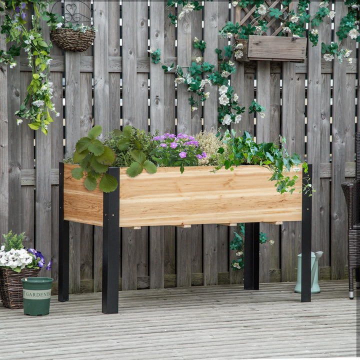 Hævet havebed, plantekasse, blomsterkasse, blomsterpotte, urtehave med fiberdug, massivt træ, stål, natur og sort, 120 x 60 x 74 cm