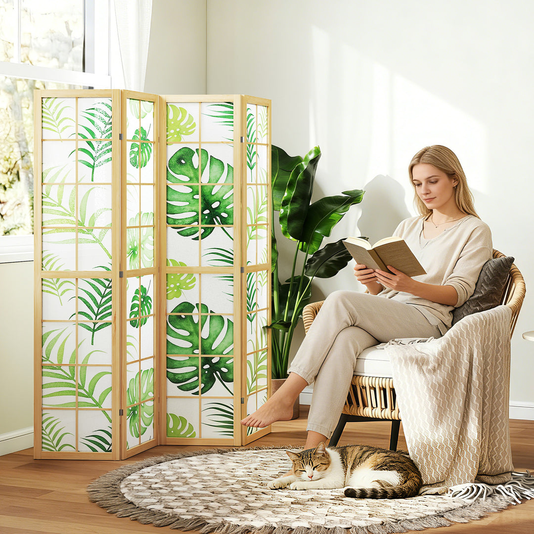 4-delt rumdeler, foldbar, boho design, tropisk motiv, fritstående rumdeler, træramme, grøn