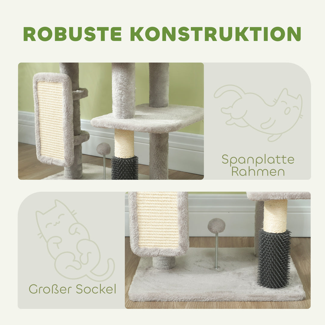 Kradsetræ 104 cm med kattehule, seng, sisal kradsetræer, kradsebræt, plysbolde til katte op til 5 kg, lysegrå