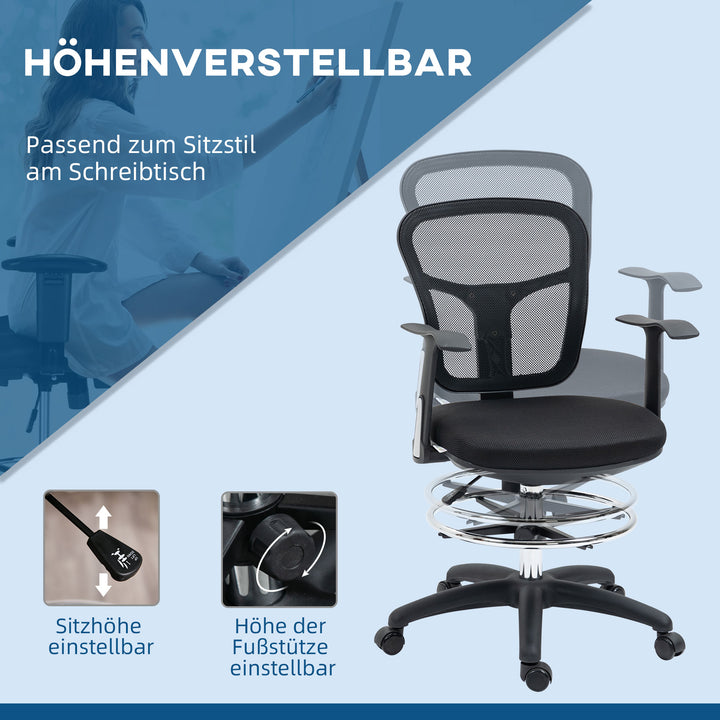 Tegnestol skrivebordsstol computerstol, inkl. fodstøtte, højdejusterbar, 59 x 59 x 115 cm, sort