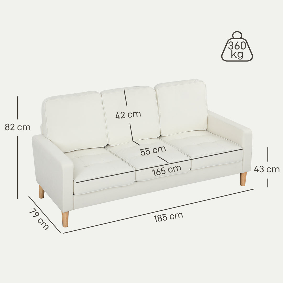3-personers sofa med tykke hynder, gummitræ, stofbetræk, polstret sofa til stue, kontor, soveværelse, cremehvid