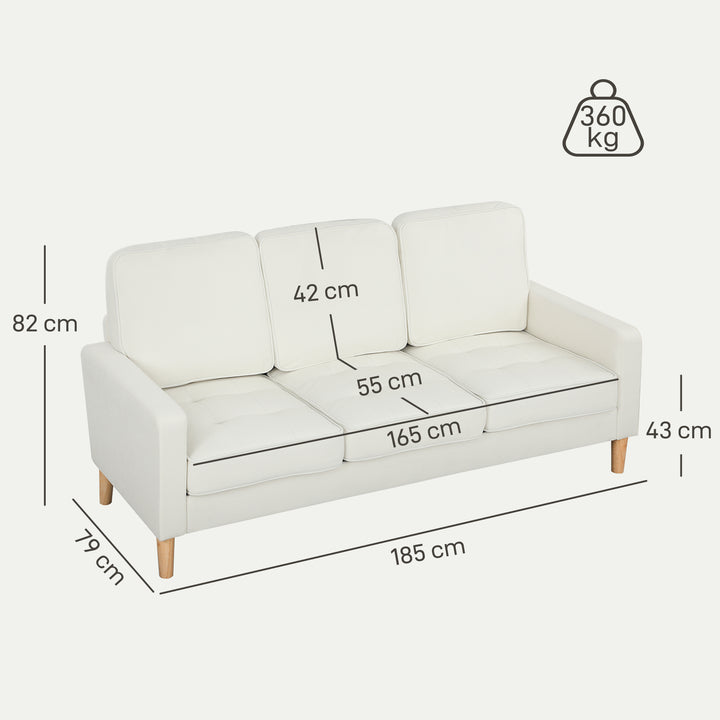 3-personers sofa med tykke hynder, gummitræ, stofbetræk, polstret sofa til stue, kontor, soveværelse, cremehvid