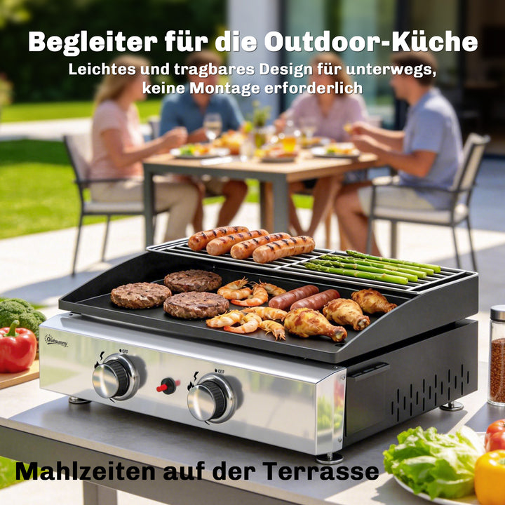 5 kW gasgrill, bærbar bordgrill med 2 brændere, keramisk belægning, grillrist, varmeplade
