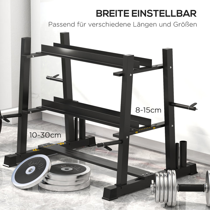 Håndvægtstativ til håndvægte, kettlebells og vægtskiver, 3 niveauer, justerbar, stål, 131 x 75 x 80 cm, sort