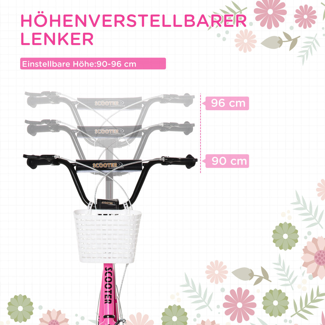 Børneløbehjul med bremse, inkl. kurv, højdejusterbar, til børn fra 5 til 12 år, hvid + lyserød