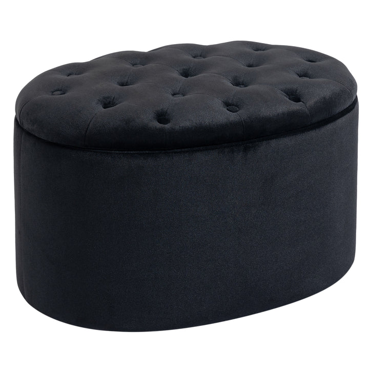 Bænk med opbevaringsplads, polstret bænk med fløjlslook, oval formet kommodebænk til stue, soveværelse, entre, 71 x 52 x 42 cm, sort