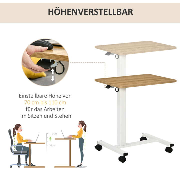 Hæve-sænkebord højdejusterbart inkl. 4 hjul c-form 65 cm x 48 cm x 70-110 cm natur + hvid