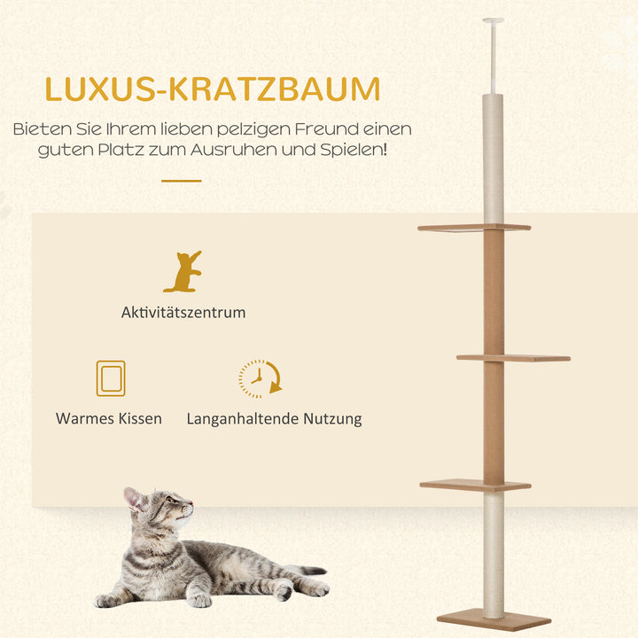 Kradsetræ med loftshøjde, 228-260 cm højdejusterbart kradsetræ, klatretræ til katte med 3 niveauer, kradsetræ til katte, legetræ fra gulv til loft, khaki