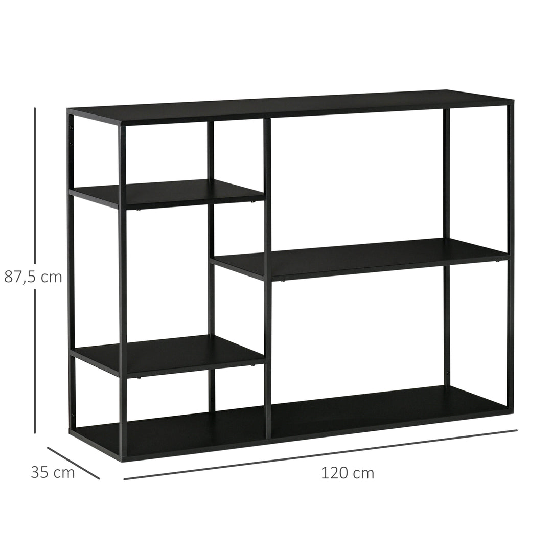 Fritstående reol med 5 åbne rum, opbevaringshylde med metalramme, kubeformet hylde til køkken, stue, sort, 120 x 35 x 87,5 cm