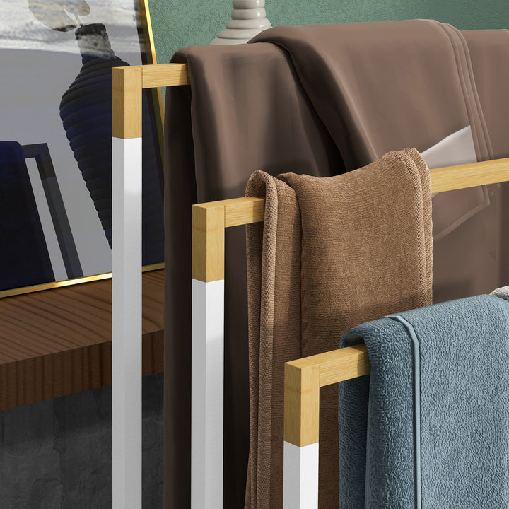 Kleankin håndklædeholder håndklædeholdersæt med 3 håndklædestænger, industrielt design, bambus, 45 x 22,5 x 86 cm, hvid + naturlig