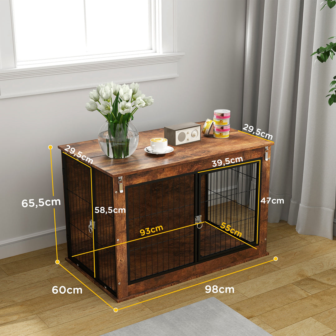 Hundebur, transportkasse til hunde, hvilekasse, til kæledyr, 2 låsbare døre, 98 x 60 x 65,5 cm, brun