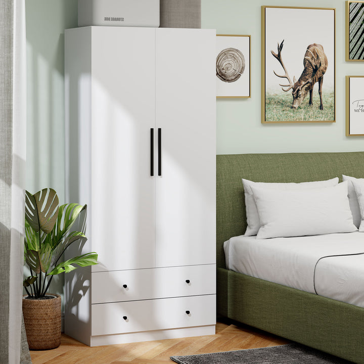 Garderobe, 2 døre, bøjleområde, bøjlestang, 2 skuffer, spånplade, hvid
