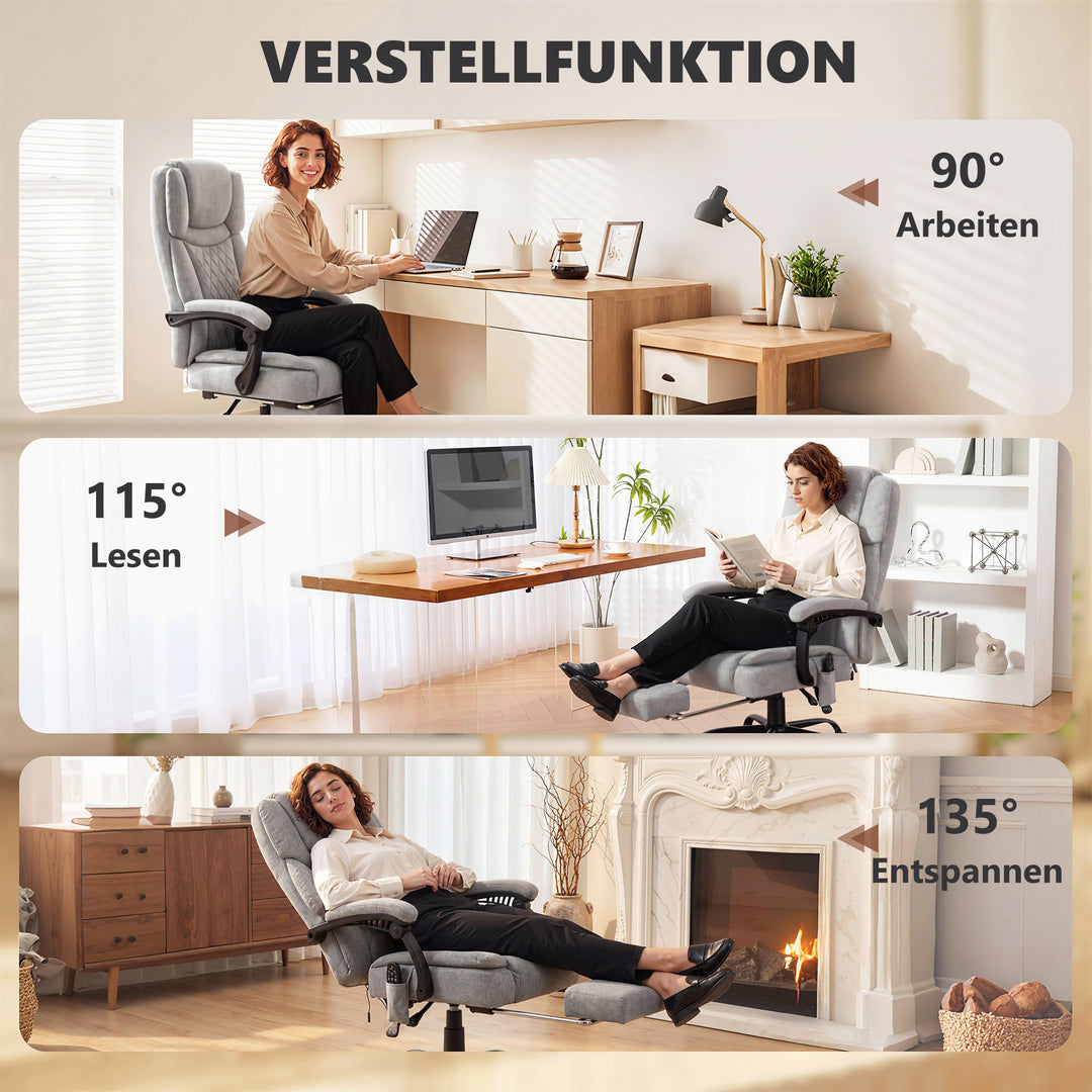 Massagestol med høj ryg, vibration, varmefunktion, justerbar ryglæn, fodstøtte og fjernbetjening, grå